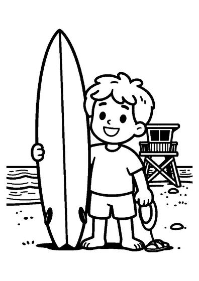 Dibujo para colorear de un niño con una tabla de surf en la playa de arena junto al mar.