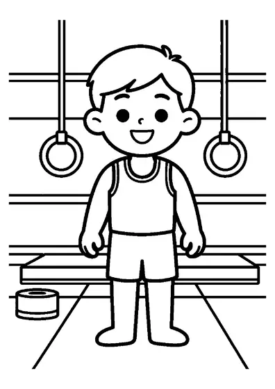 Dibujo para colorear de un niño con traje de gimnasia de pie bajo las anillas en un pabellón deportivo
