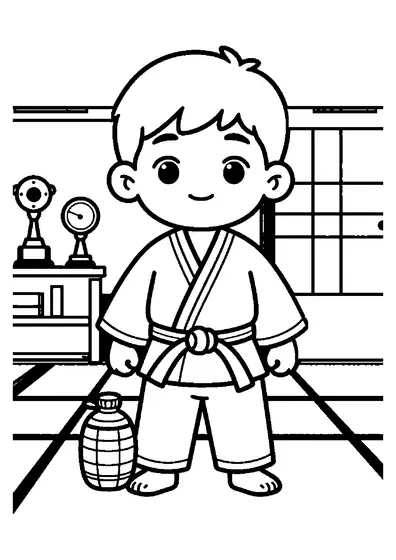 Un joven estudiante de judo vestido con un gi sobre un tatami dentro de un dojo.