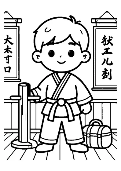 Un niño sonriente con uniforme de karate de pie con confianza sobre un tapiz en un dojo.