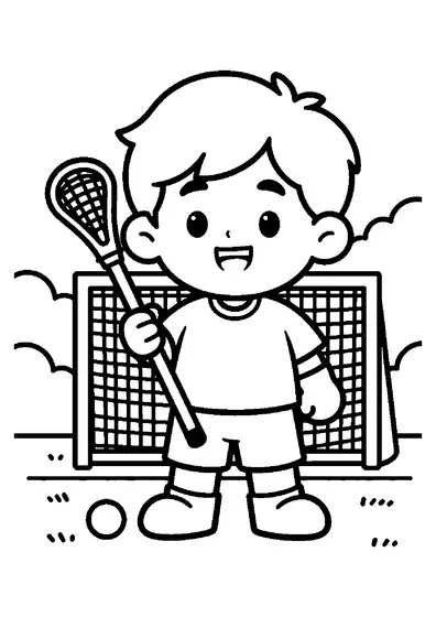 Dibujo para colorear de un niño sosteniendo un stick de lacrosse junto a la portería.