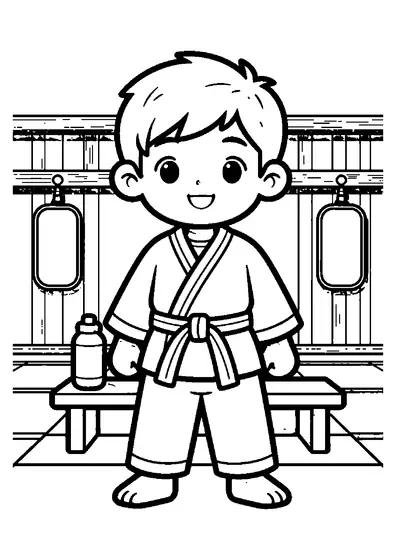 A young taekwondo student wearing a white uniform and belt stands inside a dojang training hall.