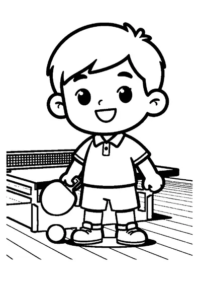 Un niño sonriente sosteniendo una pala de tenis de mesa junto a una mesa azul en un gimnasio.