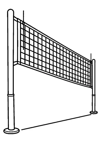 Poste de voleibol alto com rede esticada visto em perspectiva.