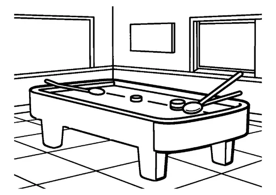 Dibujo para colorear de una mesa de hockey de aire con un disco y dos paletas listas para jugar.