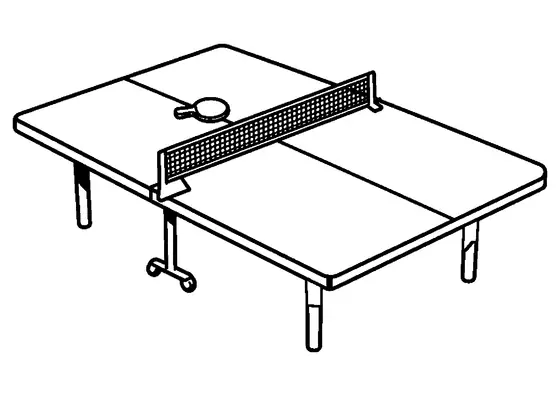 Tavolo da tennistavolo completo di rete e una racchetta appoggiata sulla superficie.