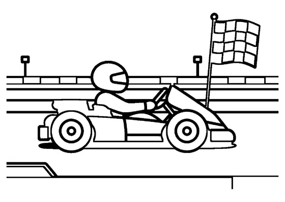 Dibujo para colorear de un kart de carreras y una bandera a cuadros en un circuito de karting.