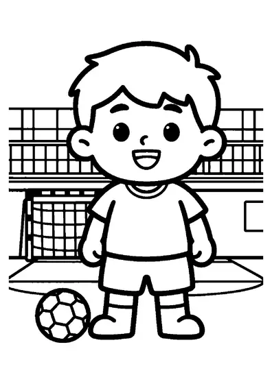Un niño con ropa deportiva permanece junto a un balón de balonmano y una portería de pabellón cubierto.