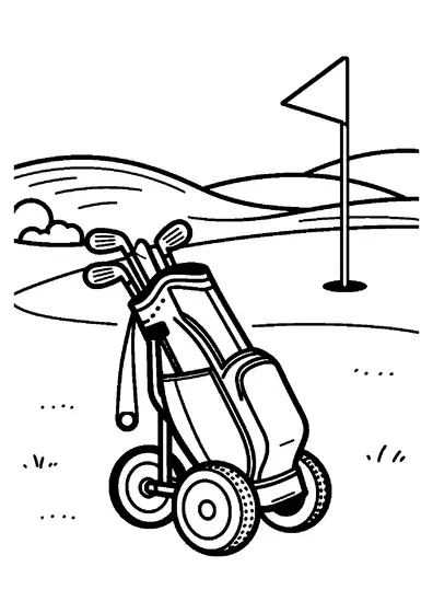 Un chariot à roulettes porte un sac rempli de clubs de golf, avec une balle posée sur la pelouse.
