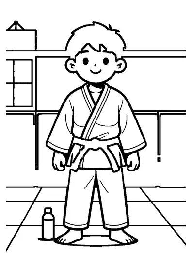 Un niño vestiendo un gi de judo blanco permanece tranquilo sobre el tatami en el dojo.