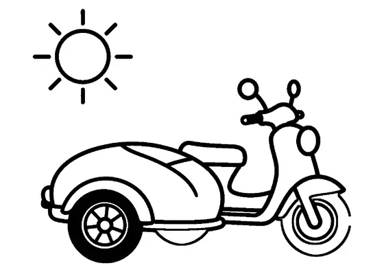 Vista laterale di una motocicletta con sidecar arrotondato e tre ruote complessive.