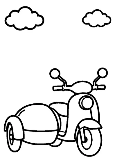 Vista frontale di una motocicletta con sidecar collegato, faro anteriore rotondo e carrozzetta laterale.