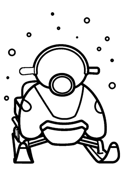 Vista frontale di una motoslitta circondata da fiocchi di neve che cadono.