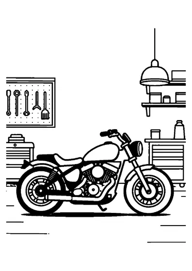 Motociclo Bobber customizado numa oficina com armário de ferramentas e elevador.