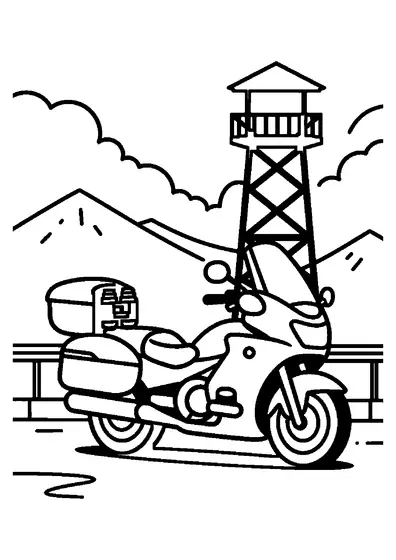 A large touring motorcycle with two panniers parked in front of a wooden lookout tower.
