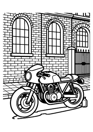 Μια σπορ café racer με χαμηλό τιμόνι παρκαρισμένη μπροστά από την τούβλινη πρόσοψη παλιού εργοστασίου.