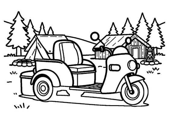 Grand trike trois roues garé devant un chalet de camping
