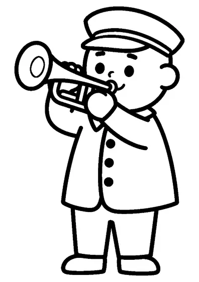 Trumpeter standing quietly wearing a uniform cap and coat with a trumpet.