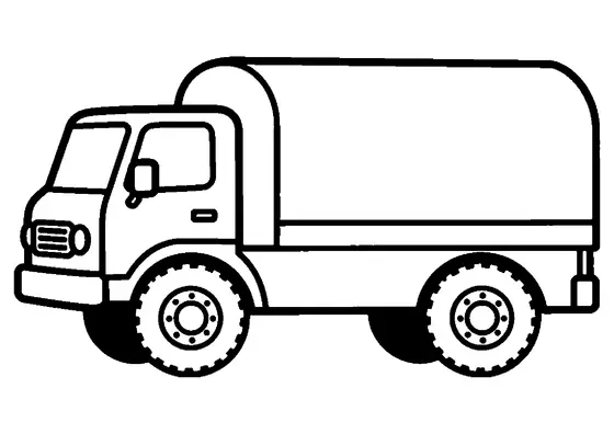 Camion militar de transporte visto de lado, com lona na caçamba e pneus para todo-terreno.