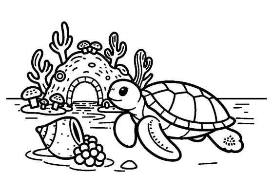 Una tortuga marina nada sobre una cornisa arenosa con una caracola cónica y corales con forma de seta.