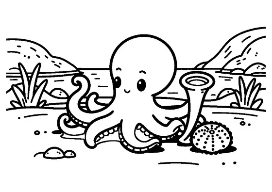 Un pulpo sonriente de brazos curvados junto a una alta caracola trompeta y varias anémonas marinas.