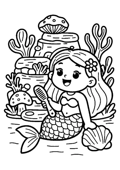 Desenho para colorir de uma sereia a pentear o seu cabelo comprido e encaracolado perto de uma concha de vieira contra um fundo de corais.