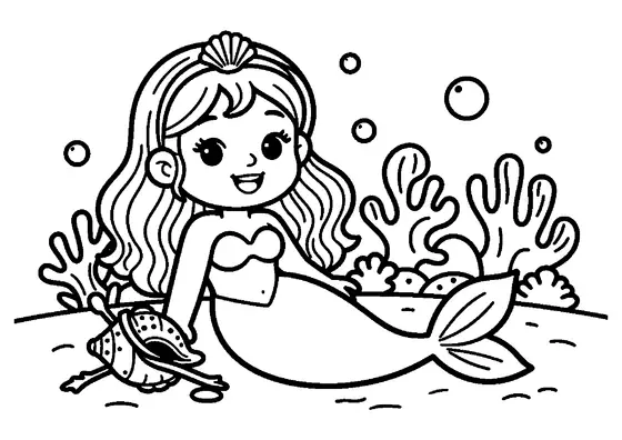 Una sirena de larga melena sentada en la arena sostiene un pequeño cuenco hecho con una concha marina.