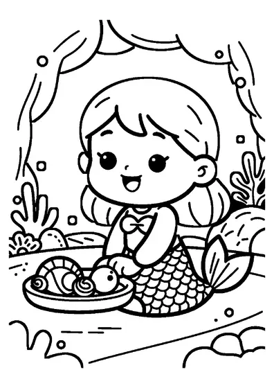 Colorir de uma sereia com rabo a olhar para uma bandeja de pedra com conchas e uma pérola grande numa gruta.