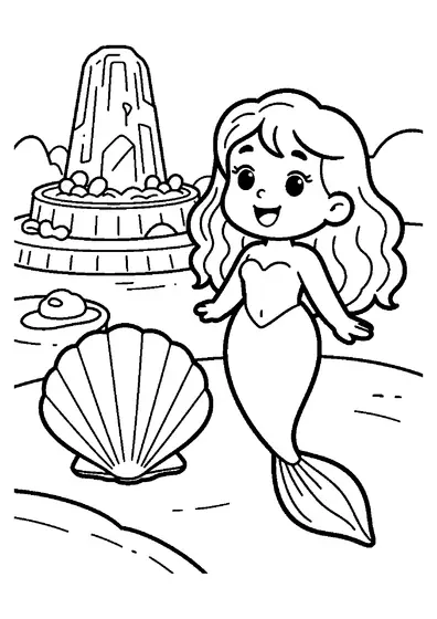 Una sirena con una vieira flota ante amplias terrazas minerales.