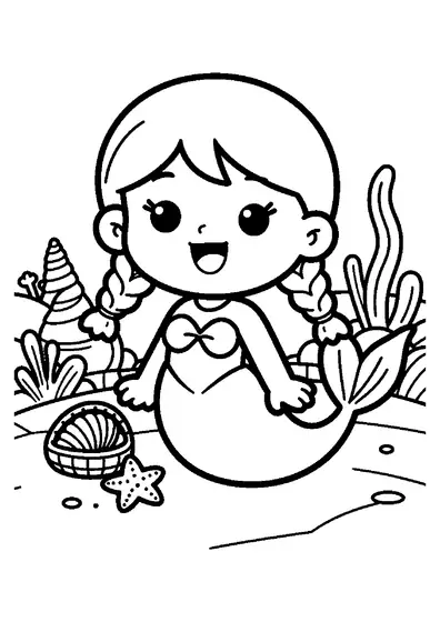Una sirena con dos trenzas está junto a un cofre del tesoro y un jardín submarino de caracolas.