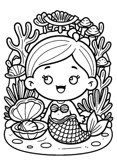 Colorir com uma sereia num coque alto a segurar conchas junto de um arco coralino debaixo de água.