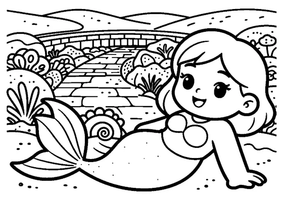 Una sirena descansa junto a una concha en una poza submarina rodeada de escalones de piedra.
