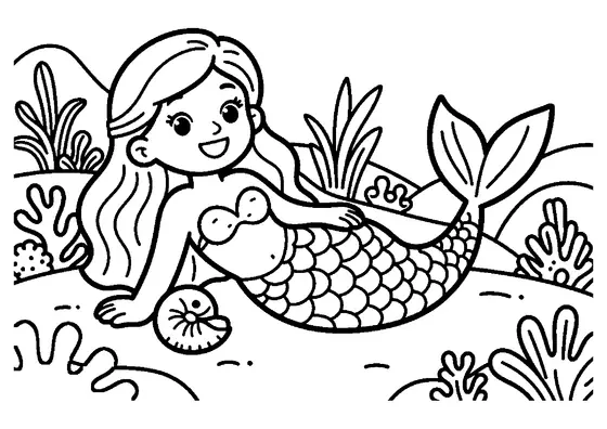 Colorir de uma sereia a relaxar perto de uma pequena foca e uma concha de nautilus numa barreira de coral.
