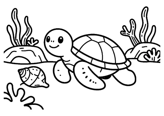 Desenho para colorir de uma tartaruga-marinha a nadar perto de uma grande concha espiral contra um recife de coral subaquático.