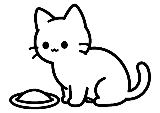 Vista di profilo di un gattino con orecchie a punta, baffi e occhi tondi seduto accanto a un piattino basso.