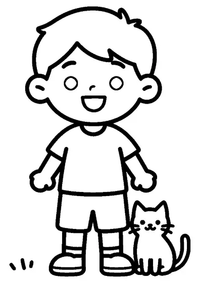 Front view of a smiling boy with short hair standing next to a calm cat sitting at his feet.