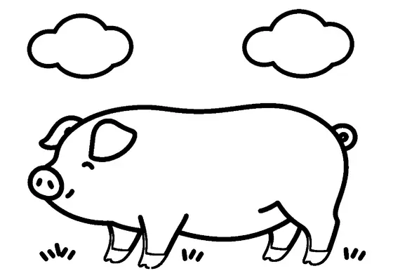 Ein Ferkel von der Seite mit rundem Körper, Rüssel, Schlappohren und Ringelschwanz im Gras.