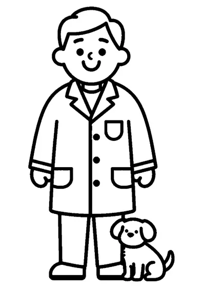 Front view of a smiling veterinarian in a buttoned coat standing next to a small sitting dog.