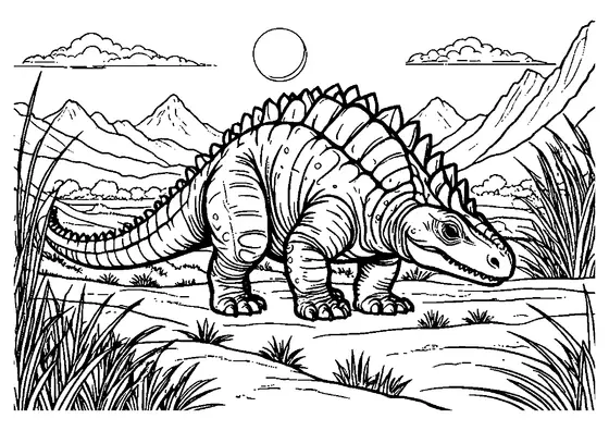 Un anquilosaurio acorazado ante las montañas y el sol naciente, con numerosas placas y matas de hierba para colorear.