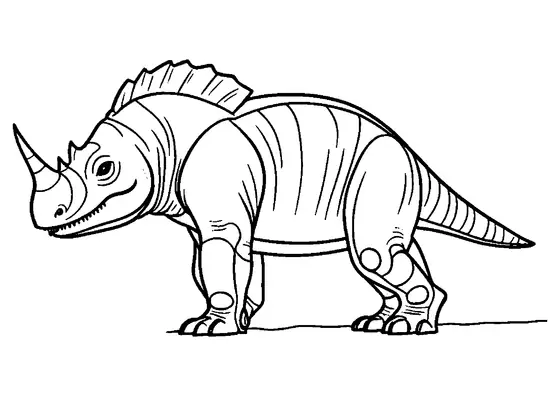Un dinosaurio herbívoro con un gran cuerno en el hocico se sostiene sobre patas cortas y ofrece espacios blancos en el cuerpo y la armadura.