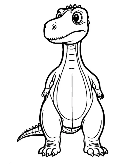 Un mic T. Rex stă pe două picioare și se uită într-o parte, având un cap mare și un zâmbet prietenos.