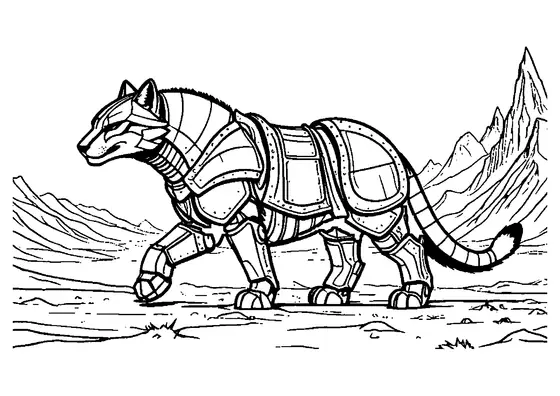 An armored wolf walking through snow with mountains behind it and large open sections on its plate armor ready to color.