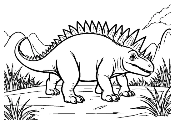 Un wuerhosaurio baja la cabeza junto a una mata de hierba; tiene placas características en el lomo, cola con púas y amplias zonas para colorear.