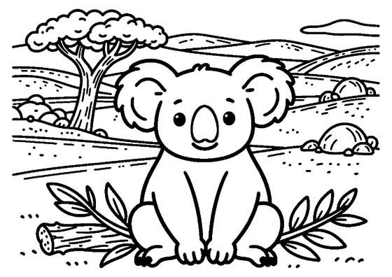 Ein Koala sitzt am Fuß eines Eukalyptusbaums auf einer weiten Ebene mit roter Erde.