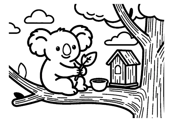 Un koala se odihnește pe o creangă groasă de eucalipt, în lumina caldă a dimineții.