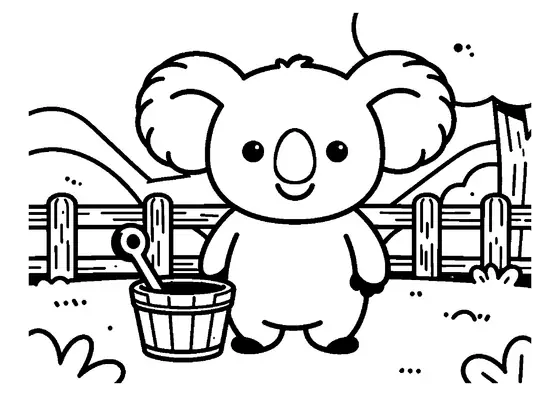 Un koala care bea apă dintr-un adăpător lung din lemn, aflat într-o pajiște.