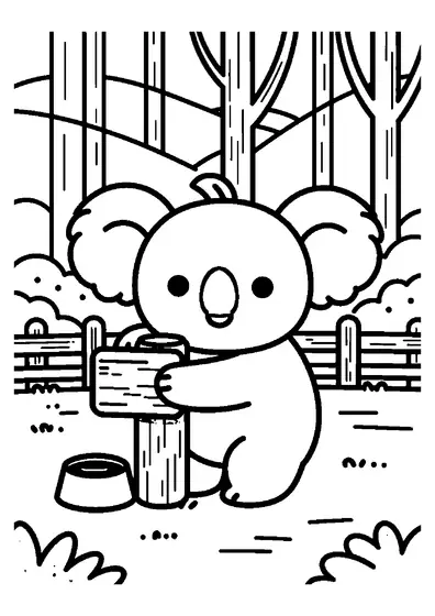 Ein Koala sitzt an einem Holzzaun in einem Eukalyptusreservat.