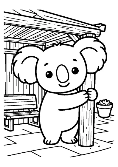 Ein Koala sitzt auf einem Baumstamm in einem hölzernen Lernpavillon.