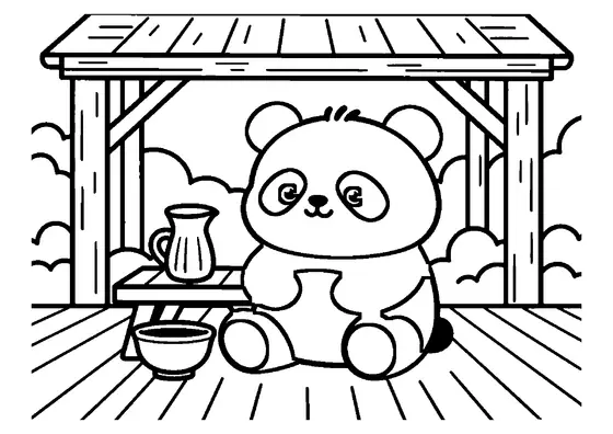 Ein kleiner Panda sitzt an einem hölzernen Picknicktisch im Wald.