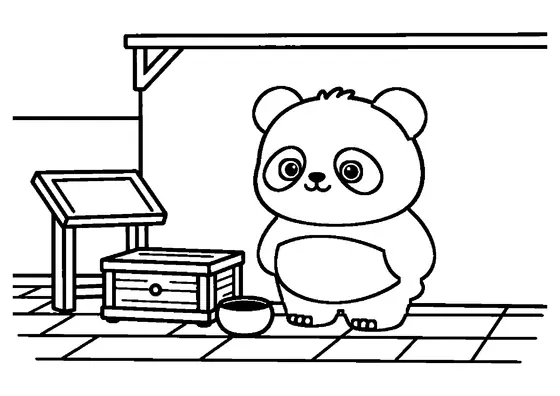 Ein kleiner Panda sitzt auf einer Mauer neben einem hölzernen Informationsstand.